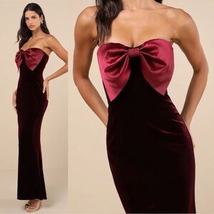 Lulu's Burgundy Strapless Dress with Bow